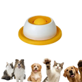 Yellow and white plastic dog licking toy slow feeder bowl with central dome for interactive slow feeding
