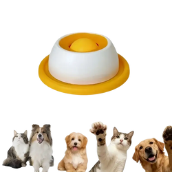 Yellow and white plastic dog licking toy slow feeder bowl with central dome for interactive slow feeding