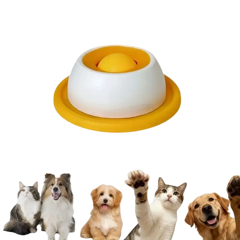 Yellow and white plastic dog licking toy slow feeder bowl with central dome for interactive slow feeding