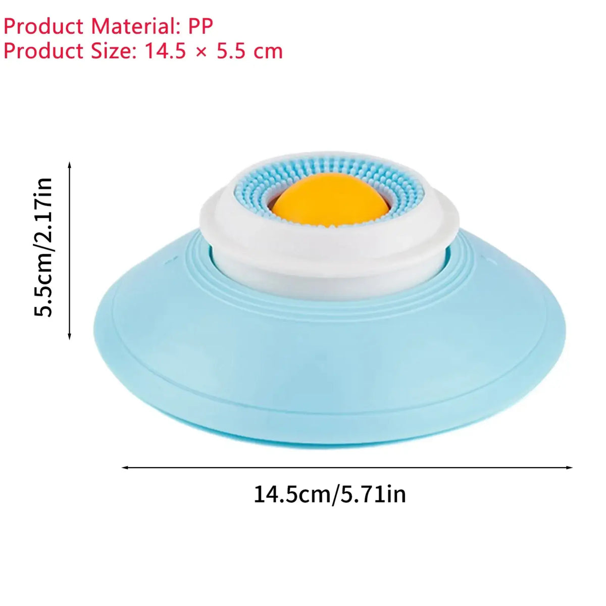 Light blue plastic dog licking toy with white and yellow textured roller head for slow feeder puzzle use
