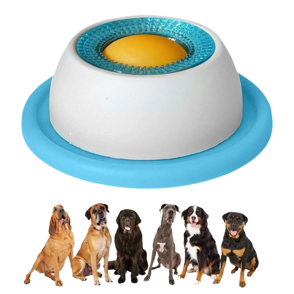 White and blue interactive dog licking toy slow feeder puzzle with textured turquoise rim yellow center and silicone base