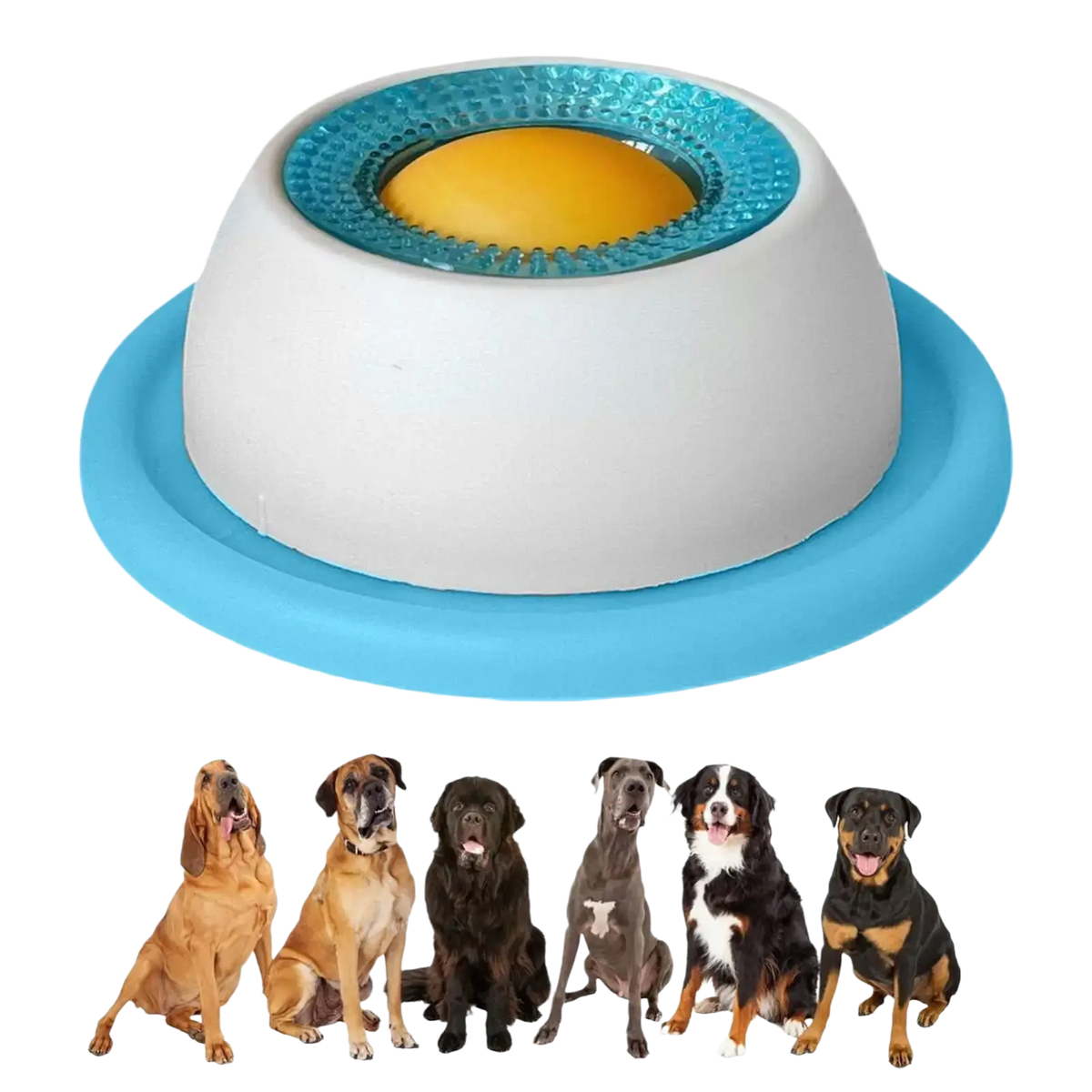 White and blue interactive dog licking toy slow feeder puzzle with textured turquoise rim yellow center and silicone base