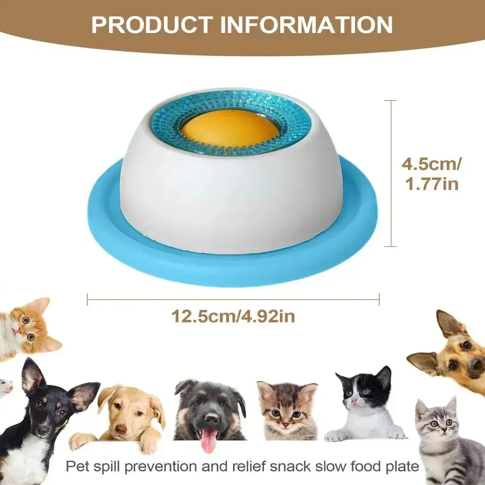 White and blue silicone dog licking toy slow feeder bowl with textured turquoise rim and yellow center for puppies
