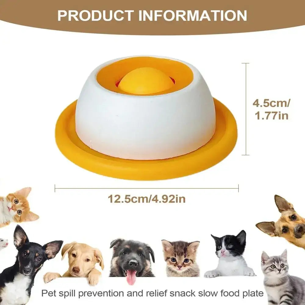 White and yellow silicone dog licking toy slow feeder bowl with central orange ball mechanism for puppies
