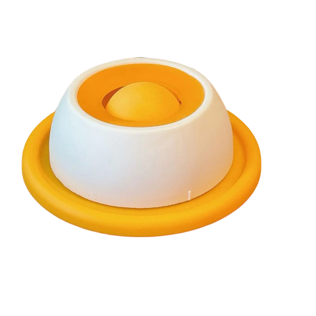 White and yellow silicone dog licking toy with circular design for slow feeder puzzle and easy peeling for puppies