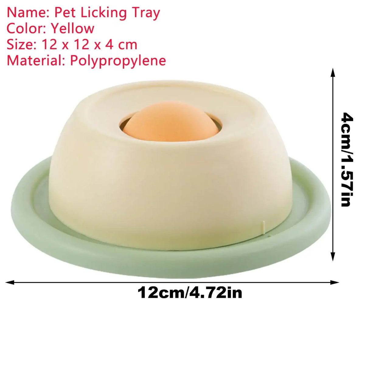 Yellow polypropylene dog licking toy slow feeder puzzle with central raised dome and flat base for puppies