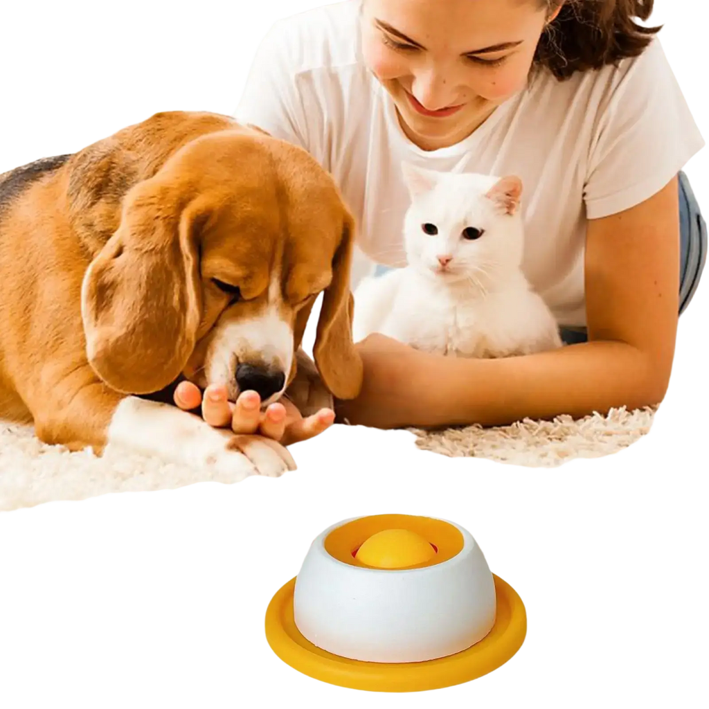 Yellow and white interactive dog licking toy slow feeder puzzle with circular base for puppies