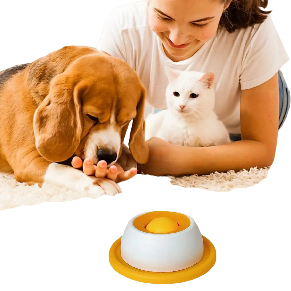 Yellow and white interactive dog licking toy slow feeder puzzle with circular base for puppies