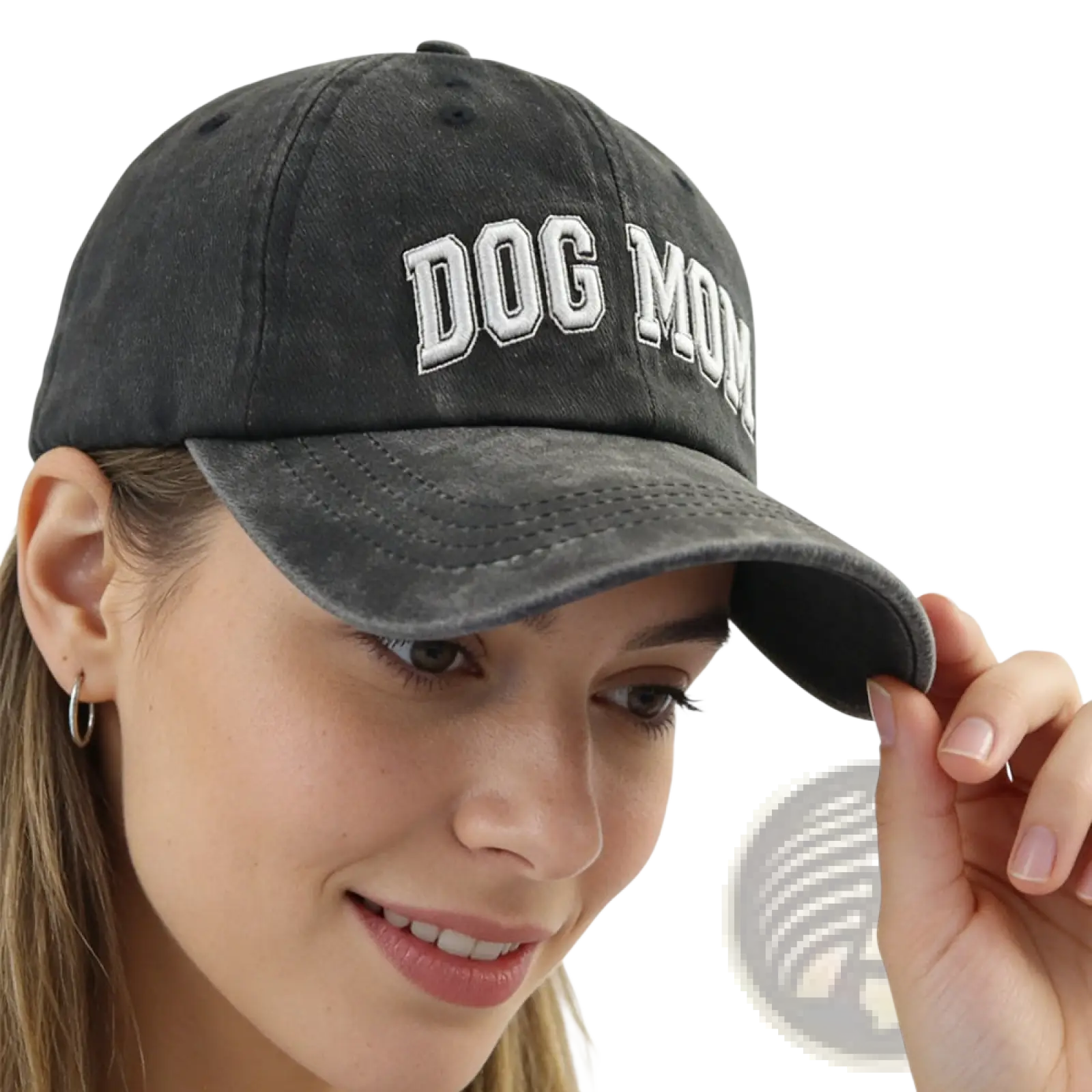 A dark gray distressed cotton baseball cap with dog mom embroidered in white collegiate-style lettering adjustable fit