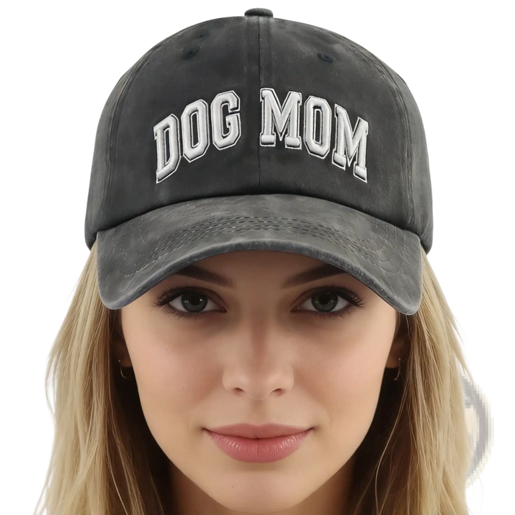 Dark gray distressed cotton baseball cap with dog mom embroidered in white arched lettering adjustable fit