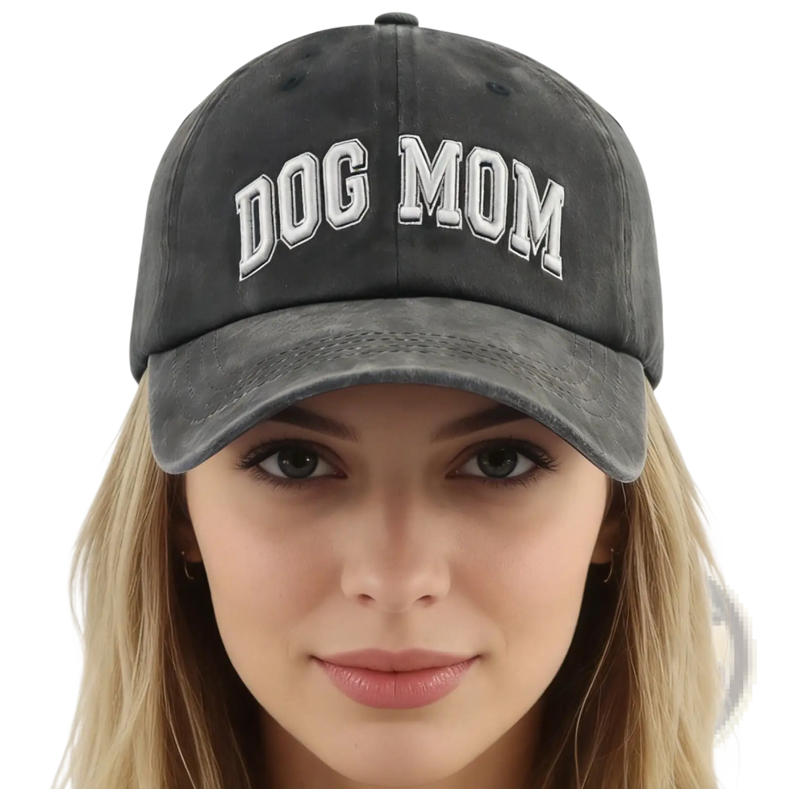 Dark gray distressed cotton baseball cap with dog mom embroidered in white arched lettering adjustable fit