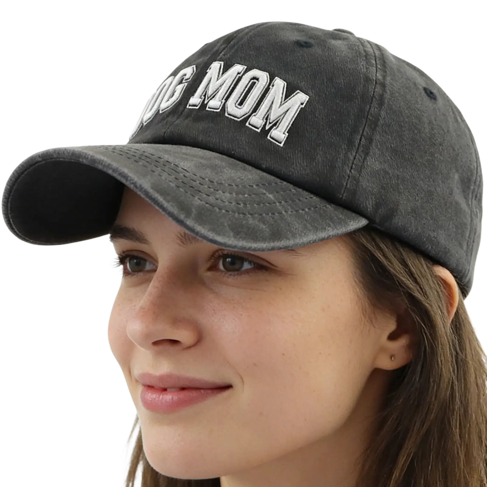 A dark gray distressed cotton baseball cap with dog mom embroidered in white and adjustable strap