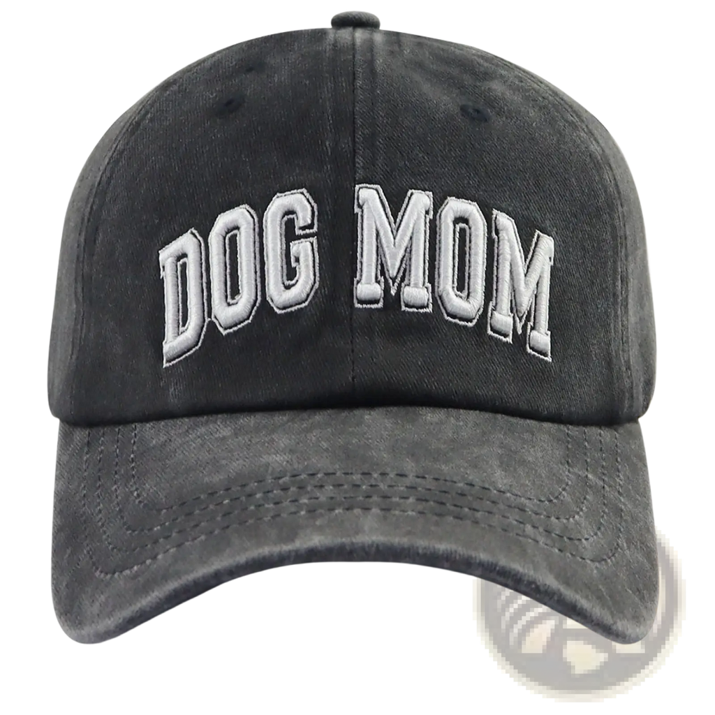 A dark gray distressed cotton baseball cap with dog mom embroidered in white and an adjustable strap