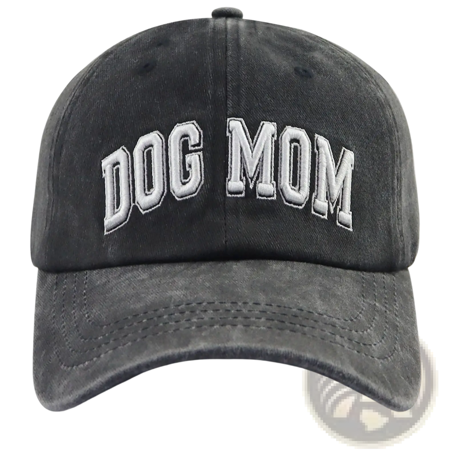 A dark gray distressed cotton baseball cap with dog mom embroidered in white and an adjustable strap