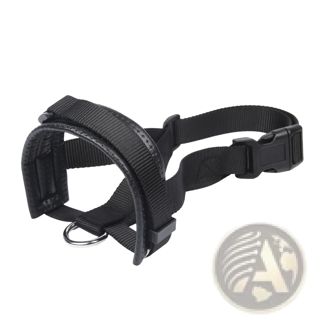 Black nylon dog muzzle with padded interior and adjustable plastic buckles for anti barking use