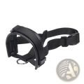 Black nylon dog muzzle with padded interior and adjustable plastic buckles for anti barking use