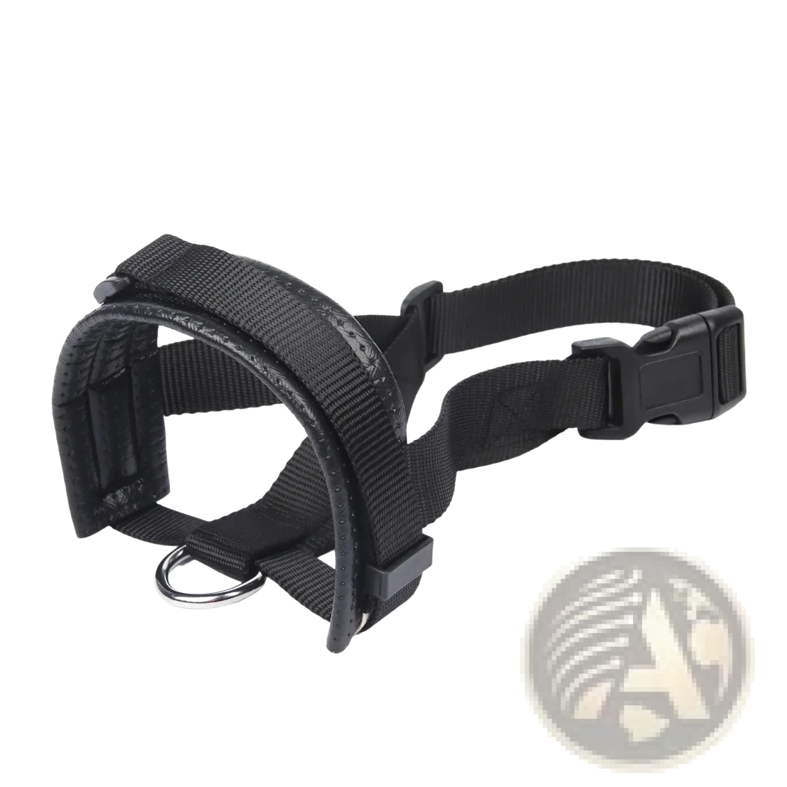 Black nylon dog muzzle with padded interior and adjustable plastic buckles for anti barking use