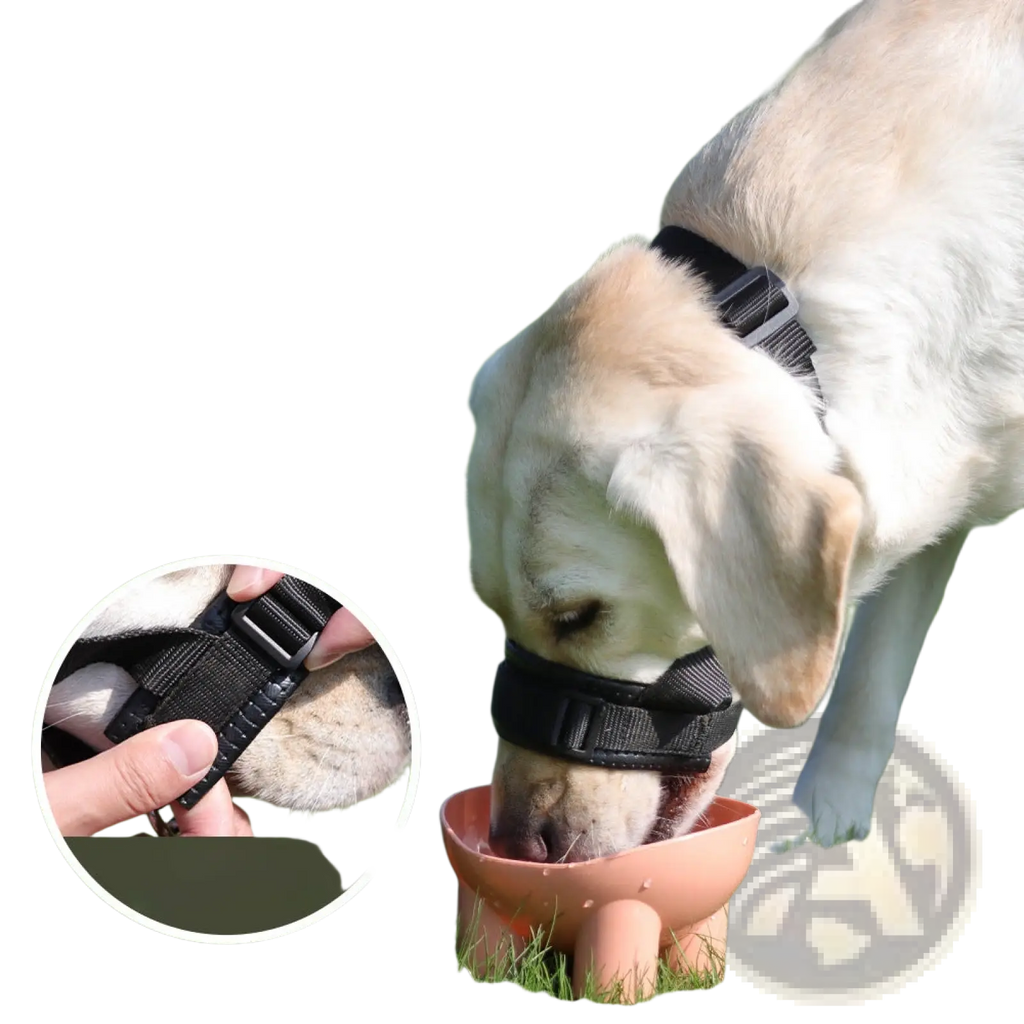 Black adjustable padded nylon dog muzzle with peach water bowl attached for anti barking use