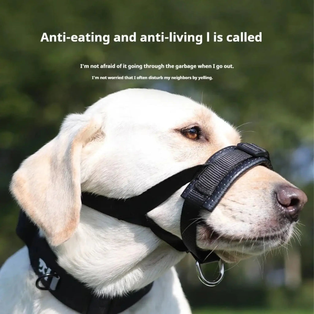 Black nylon dog muzzle with adjustable straps padded for comfort and metal d-ring for anti barking control