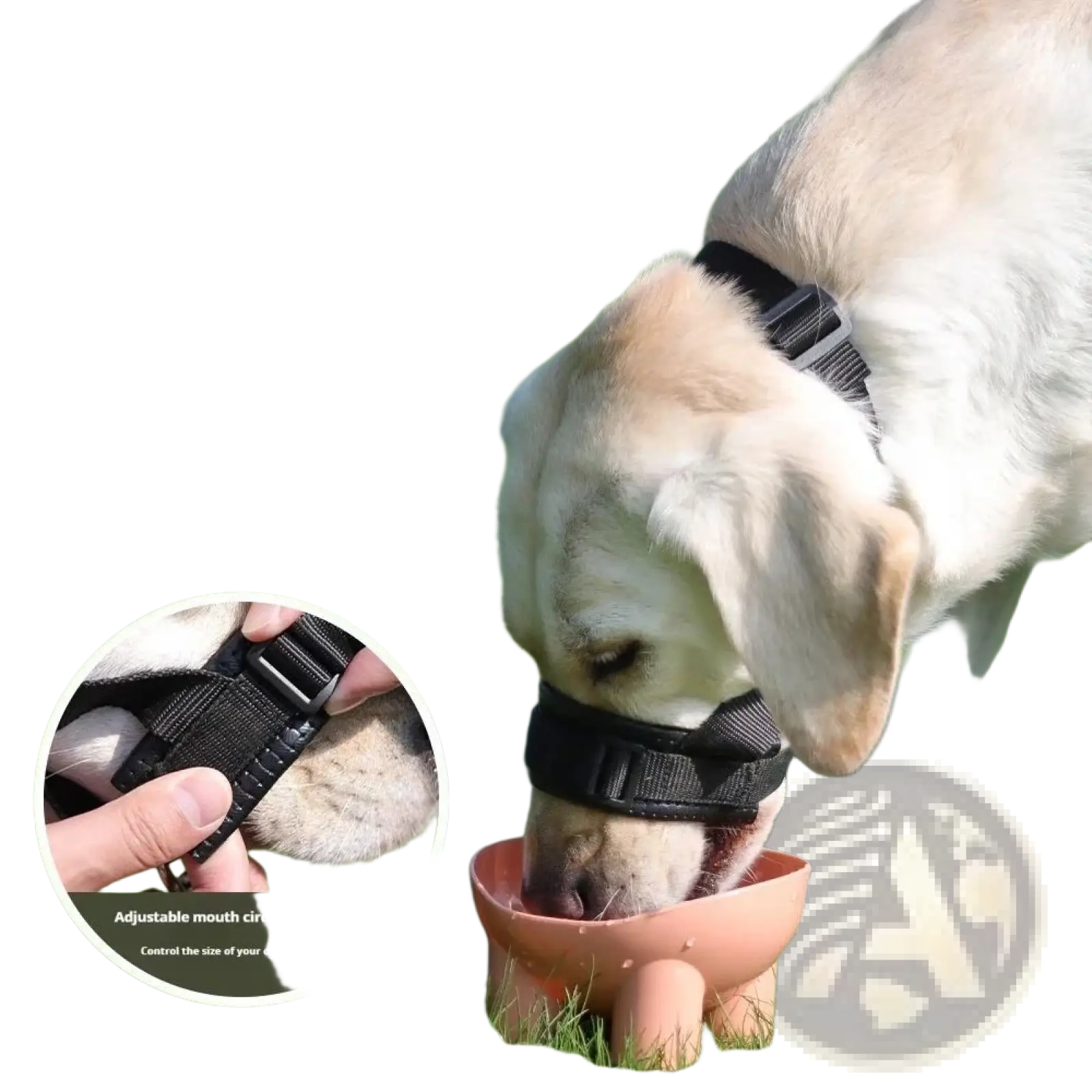 Adjustable black nylon dog muzzle with padded design and peach bowl attachment for feeding and drinking