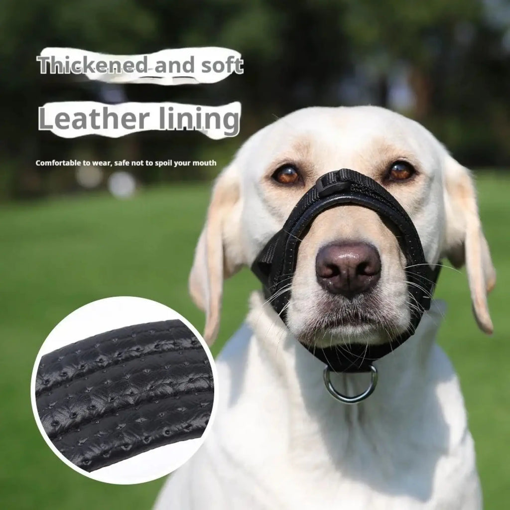 Black thickened soft leather-lined dog muzzle with metal ring adjustable padded nylon anti barking restraint