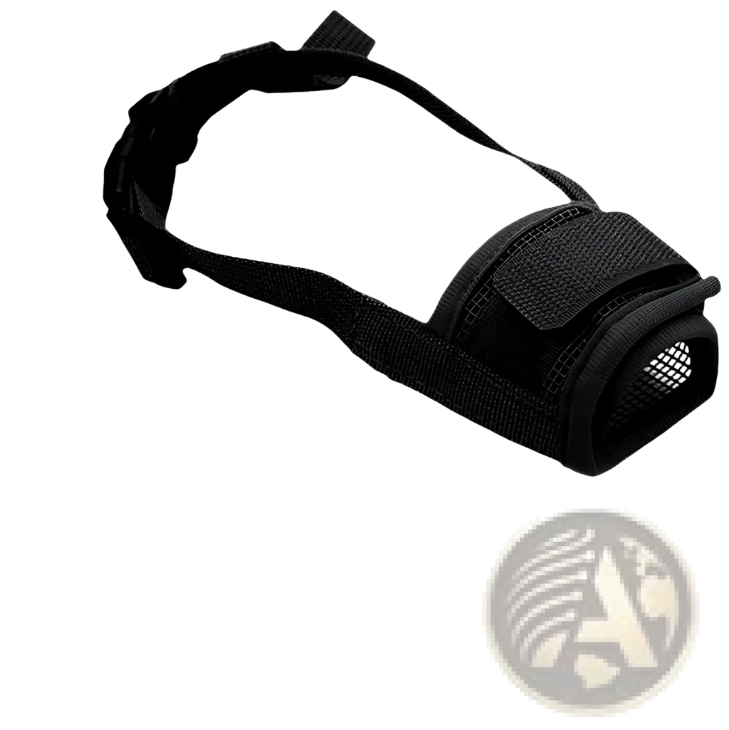 Black mesh dog muzzle with adjustable strap and velcro closure designed for anti barking purposes