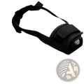 Black mesh dog muzzle with adjustable strap and velcro closure designed for anti barking purposes