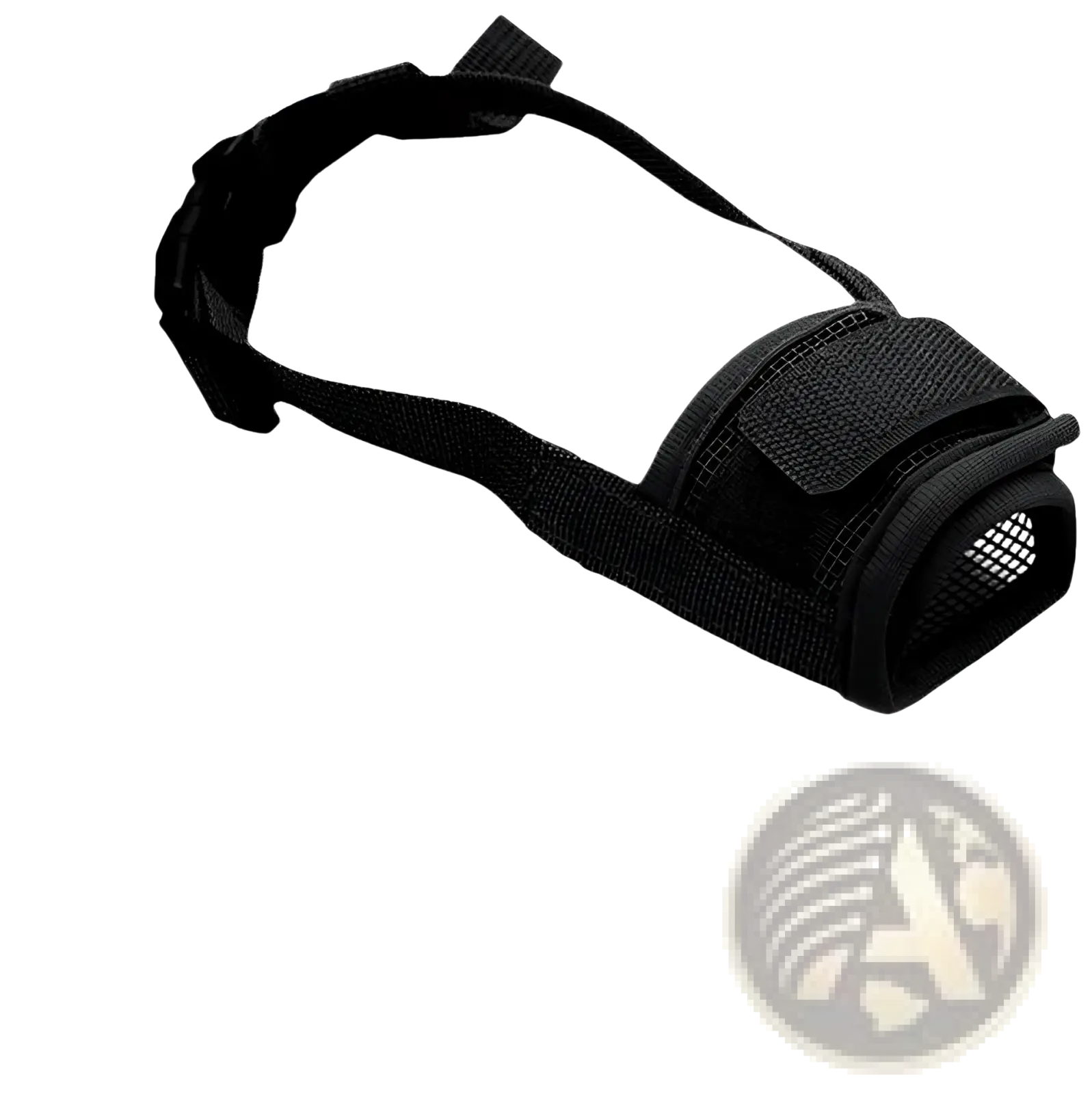 Black mesh dog muzzle with adjustable strap and velcro closure designed for anti barking purposes