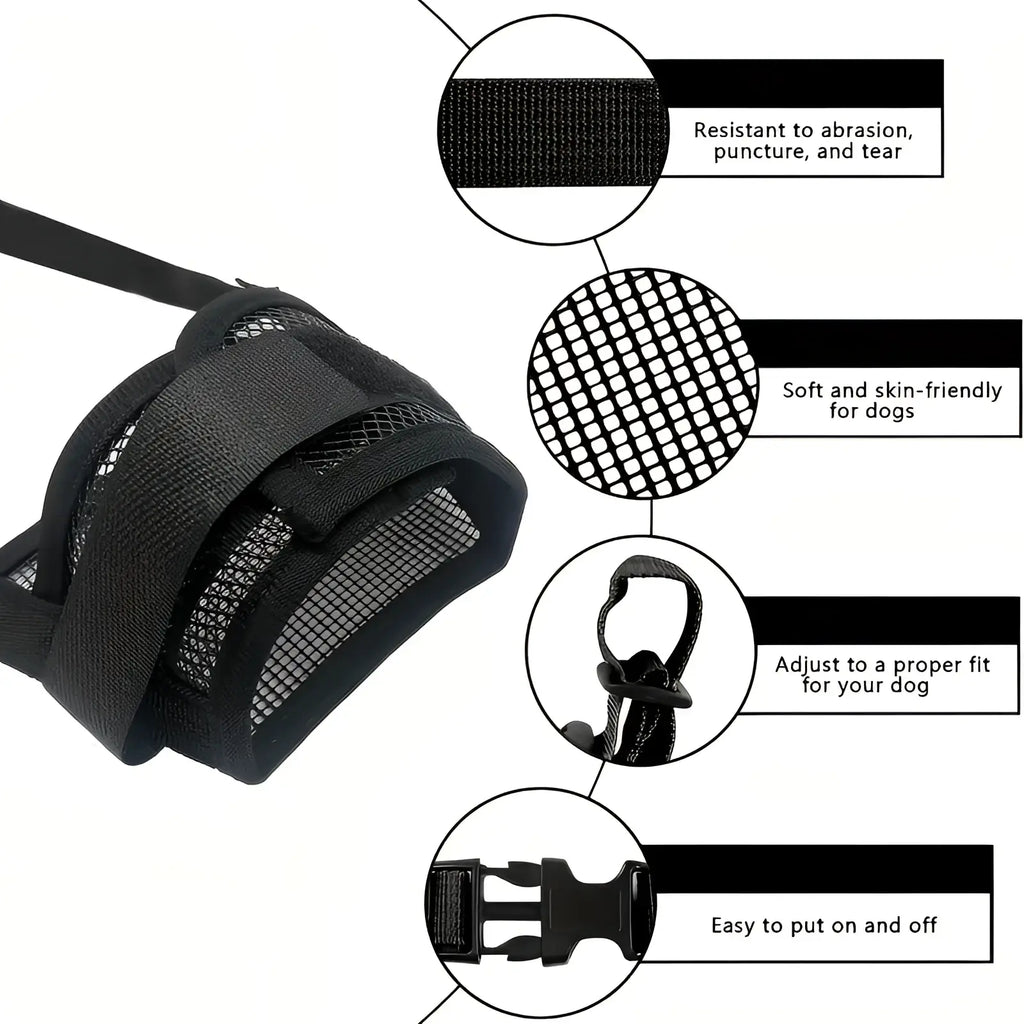 Black mesh dog muzzle with adjustable straps and secure buckle for anti barking control and comfort