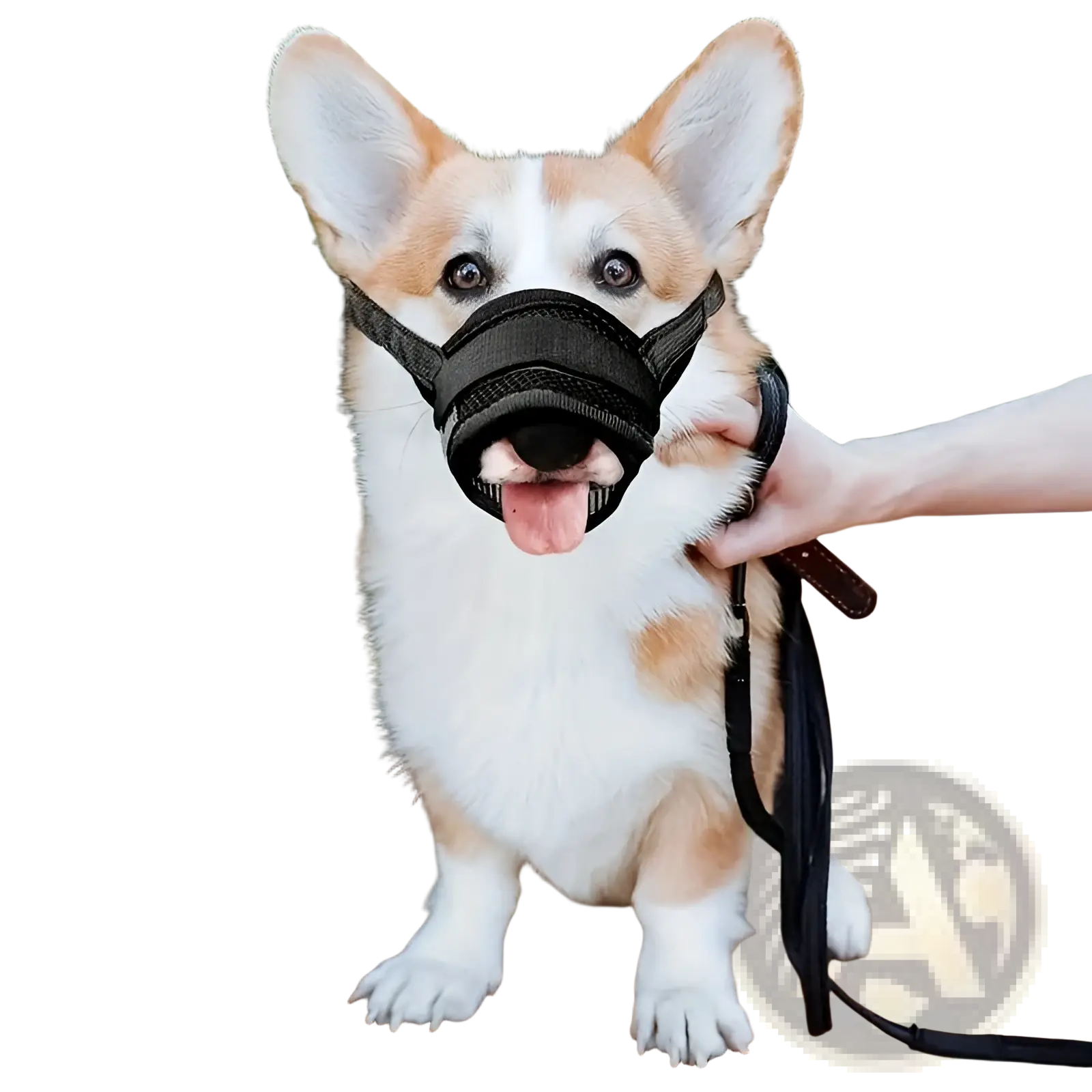 Black mesh dog muzzle with adjustable straps and leather handle designed for anti barking and secure fit
