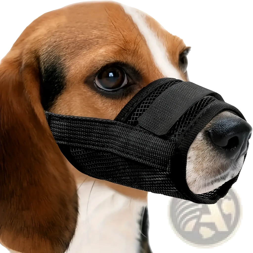 Black mesh dog muzzle with adjustable strap designed for anti barking and comfort use