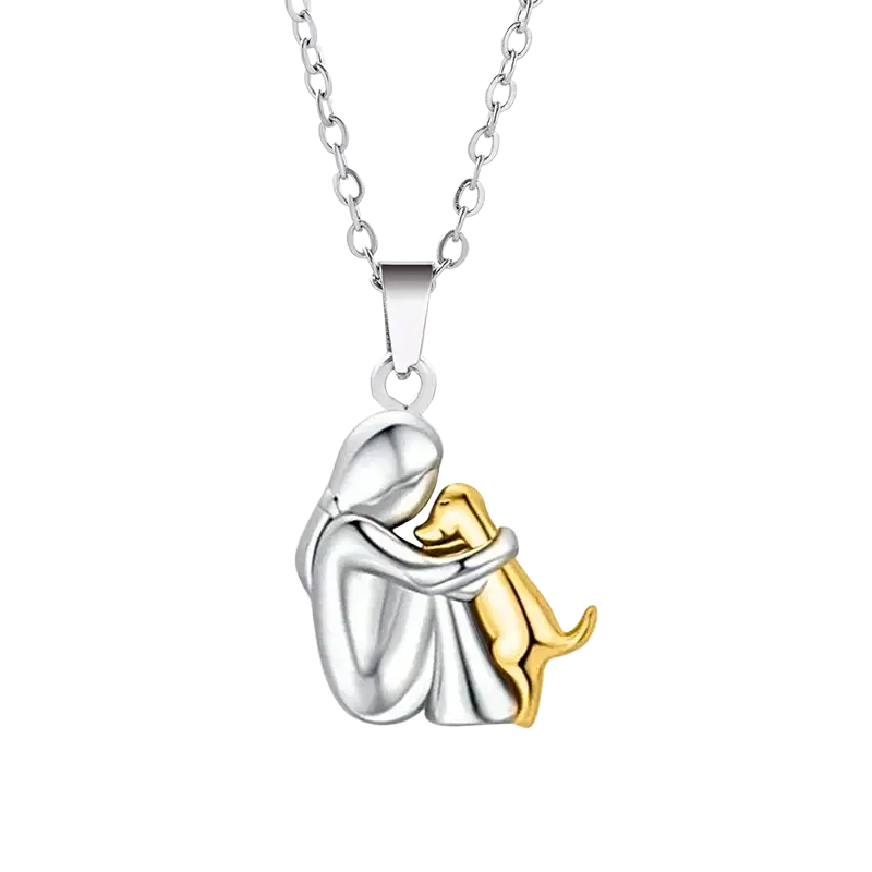 Silver and gold two-tone dog necklace cute featuring a stylized girl hugging a puppy pendant in metal design