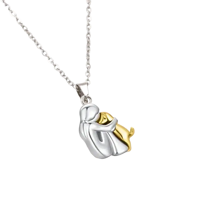 Silver and gold two-tone dog necklace cute featuring a stylized girl hugging a small dog puppy pendants necklace