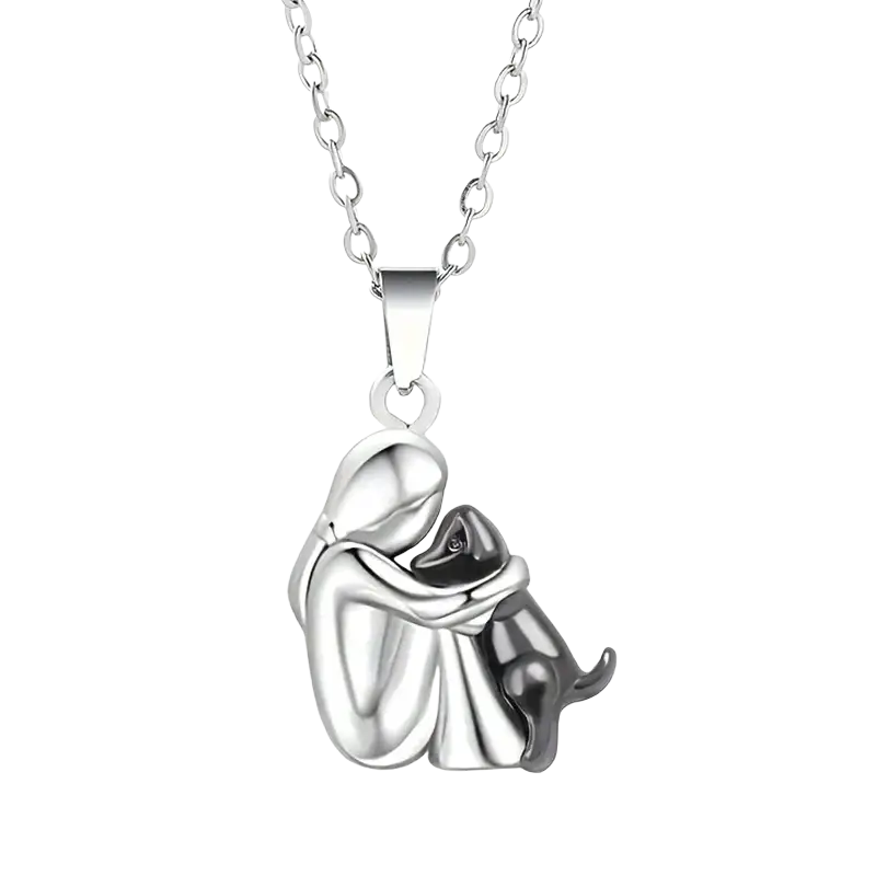 Silver dog necklace cute featuring a two tone metal girl hugging a dark gray puppy pendant necklace