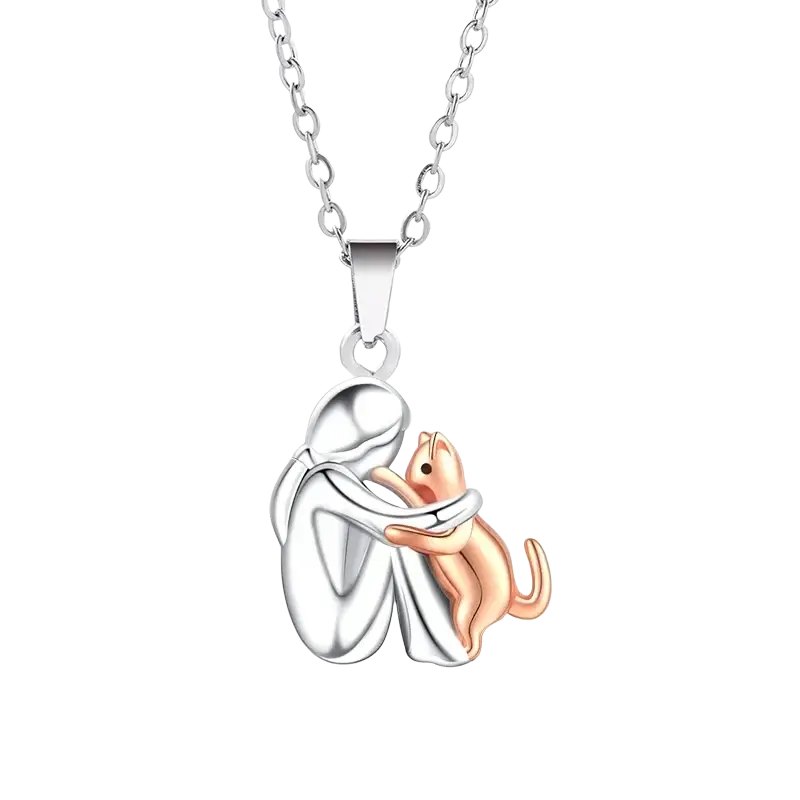 Silver and rose gold two-tone dog necklace cute featuring a stylized figure embracing a cat pendant necklace