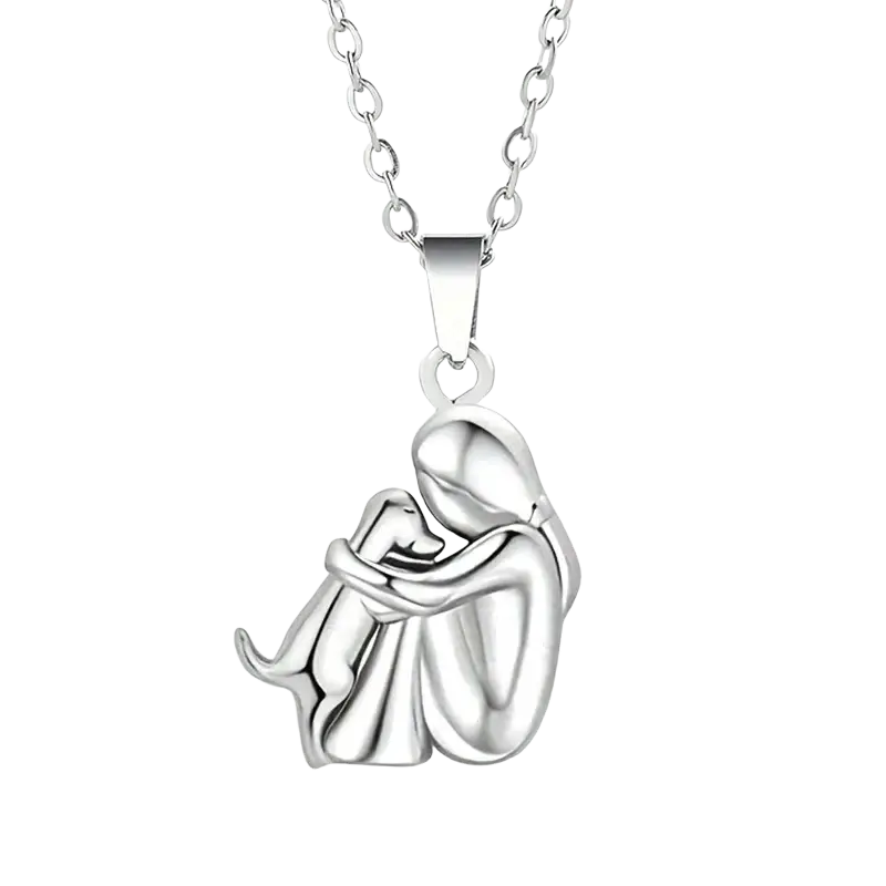 Silver-toned dog necklace cute featuring a minimalist embracing girl puppy pendant in two tone metal design