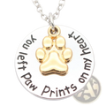 Silver pendant necklace with gold-colored paw print charm engraved with you left paw prints on my heart for pet memorial