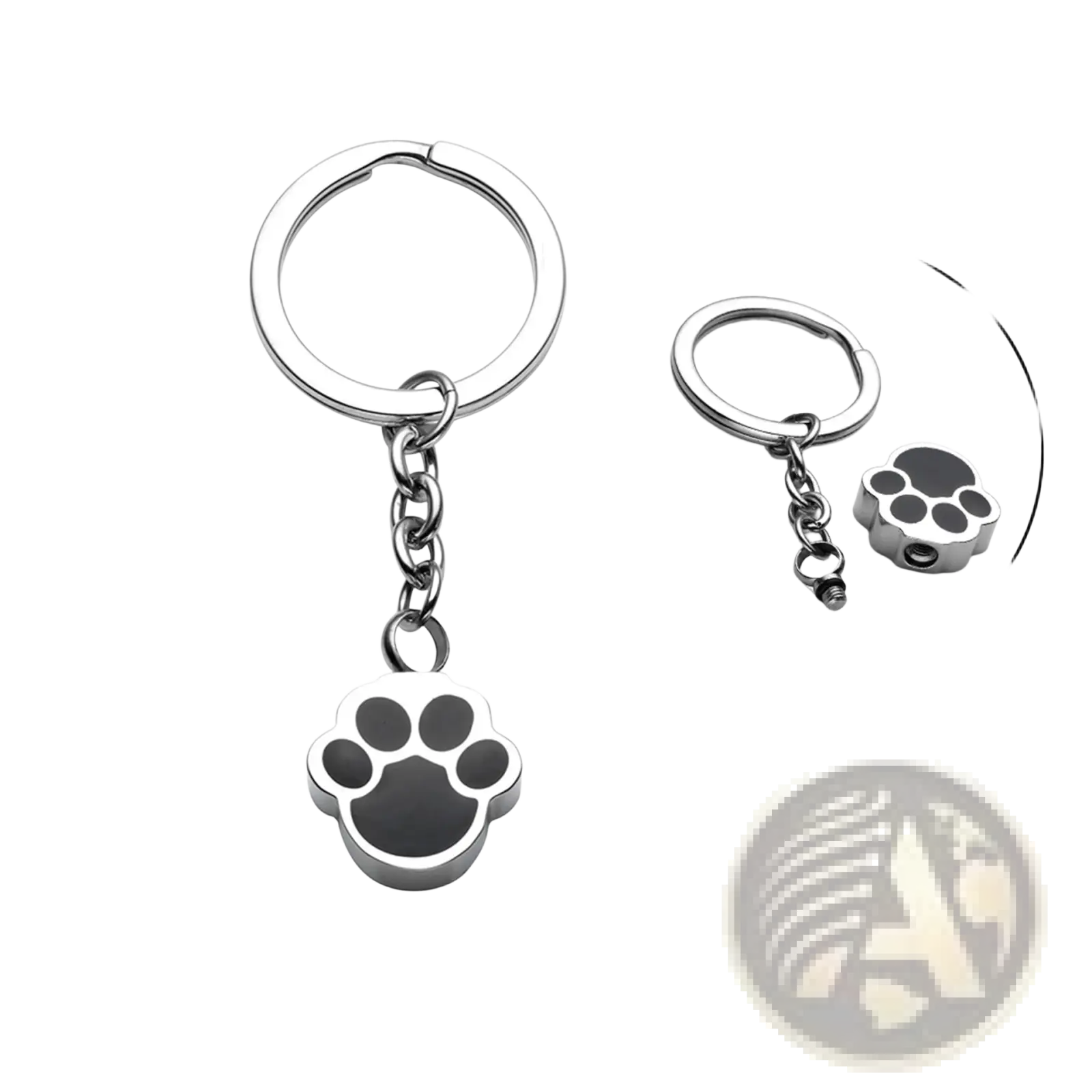 Silver dog paw urn keychain with black enamel inlay made of metal for cremation memorial pendant use