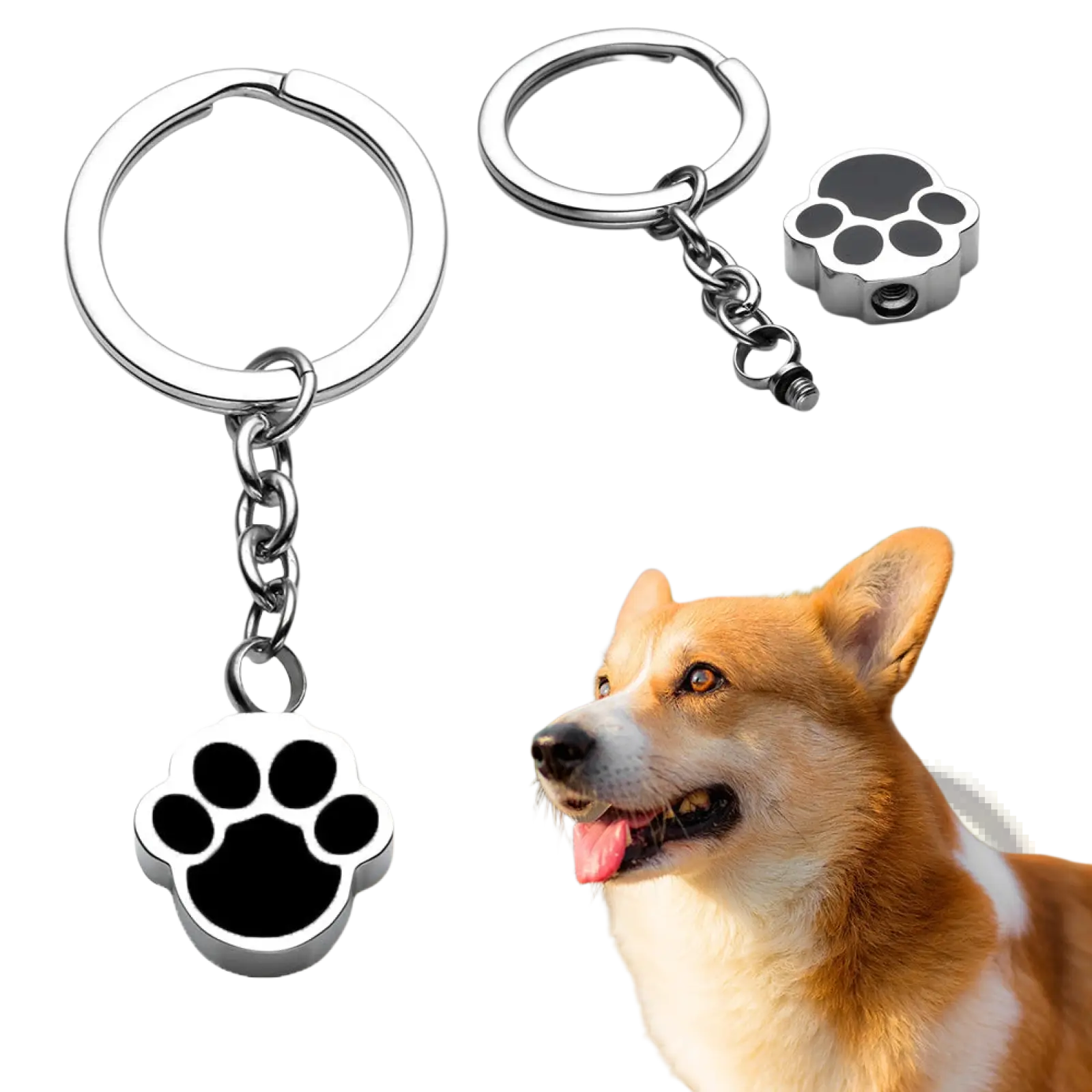Silver dog paw urn keychain with black enamel inlay suitable for cremation memorial pendant use