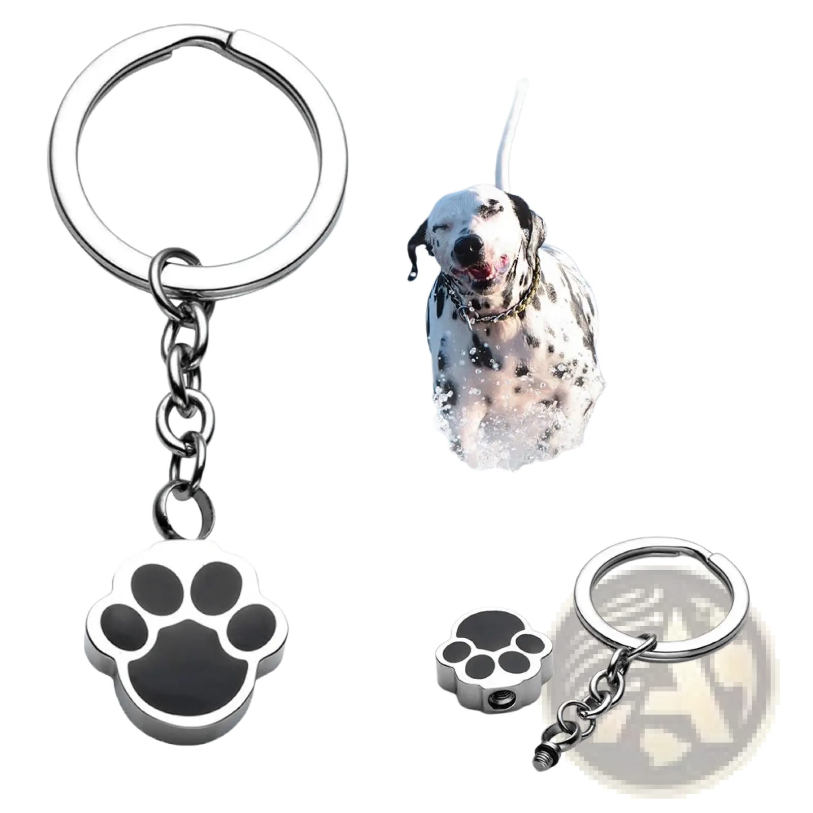Silver dog paw urn keychain with black enamel fill made of metal for cremation memorial pendant use