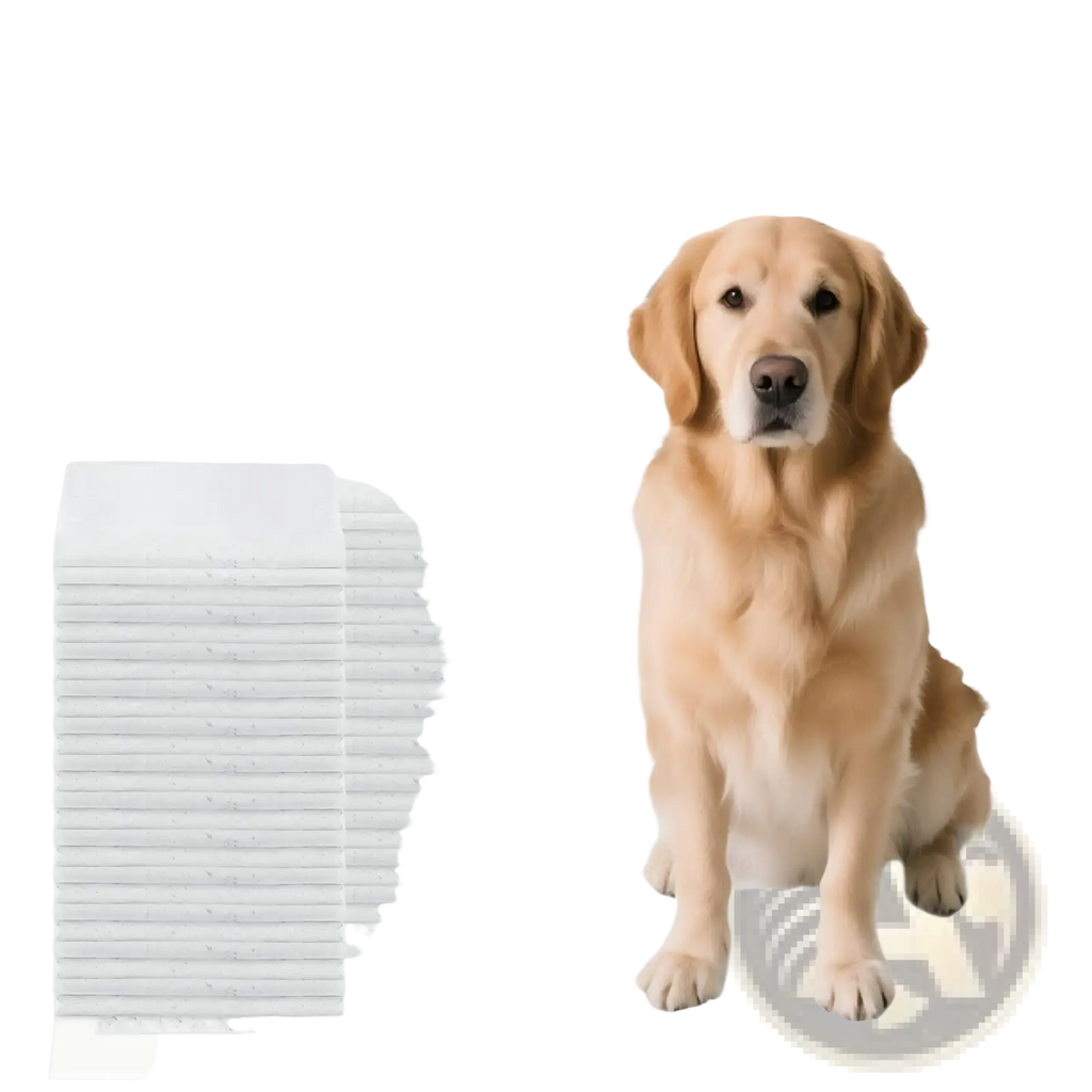 White seven-layer dog pee pad with odor control and leak proof features shown with golden retriever sitting on it