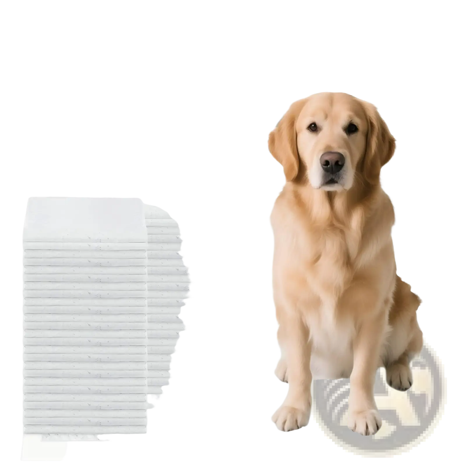 White seven-layer dog pee pad with odor control and leak proof features shown with golden retriever sitting on it