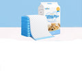 A stack of blue and white thickening absorbent dog pee pads with quilted texture in a carton labeled pet training paper