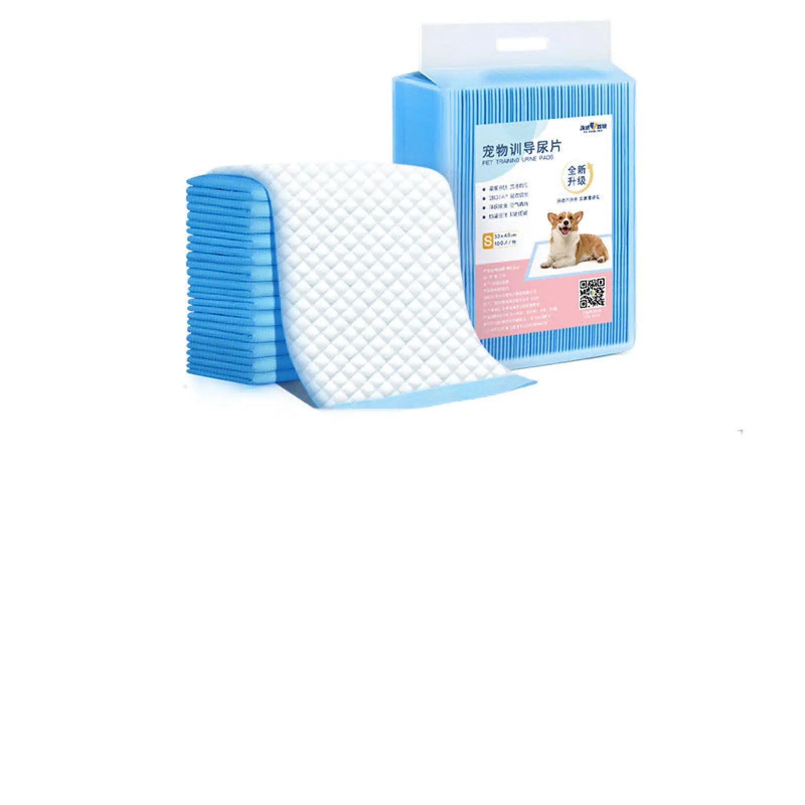 Blue and white quilted dog pee pads thickening absorbent pet training mats in striped plastic package
