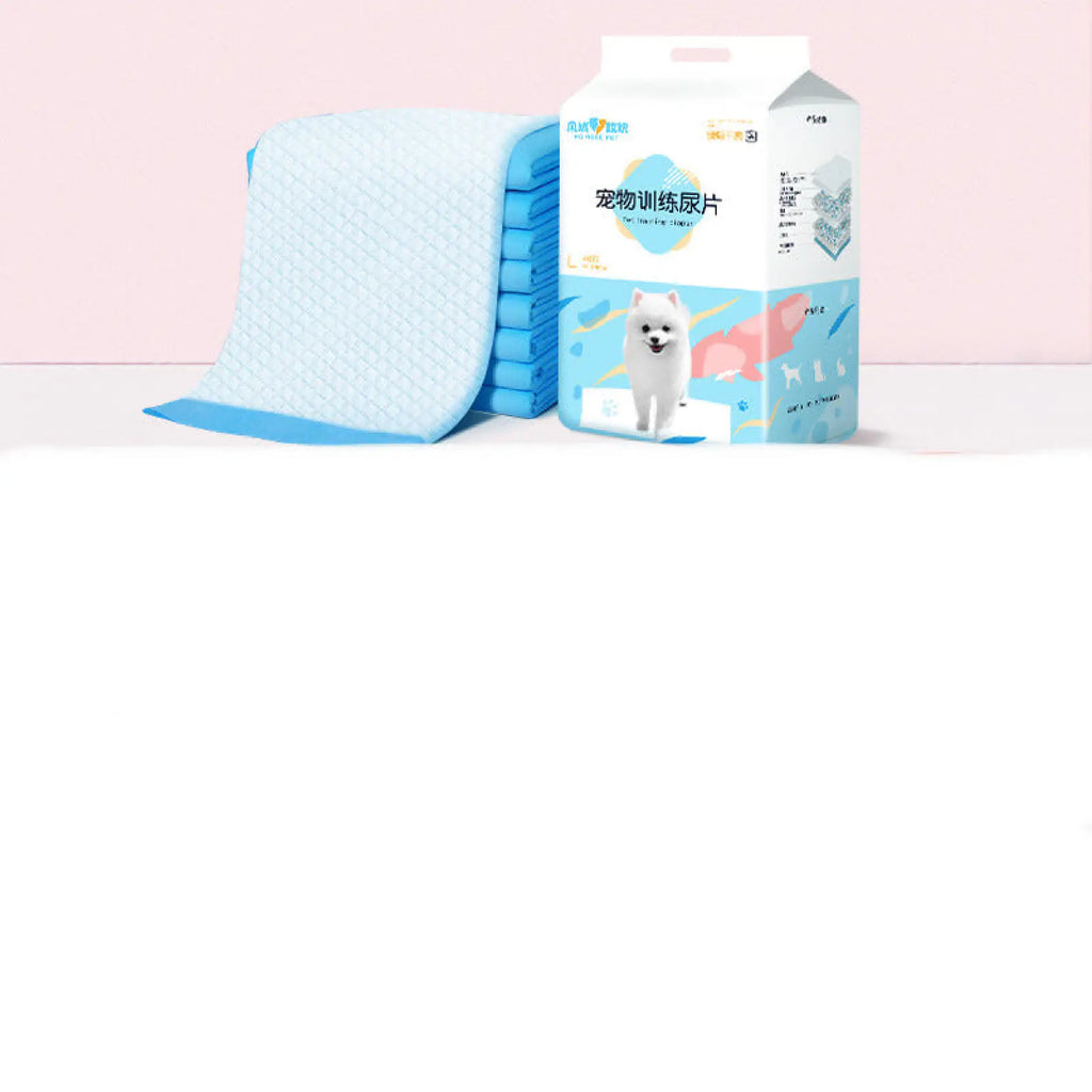 Light blue thickening absorbent dog pee pads in carton package with white dog illustration for pet training mats