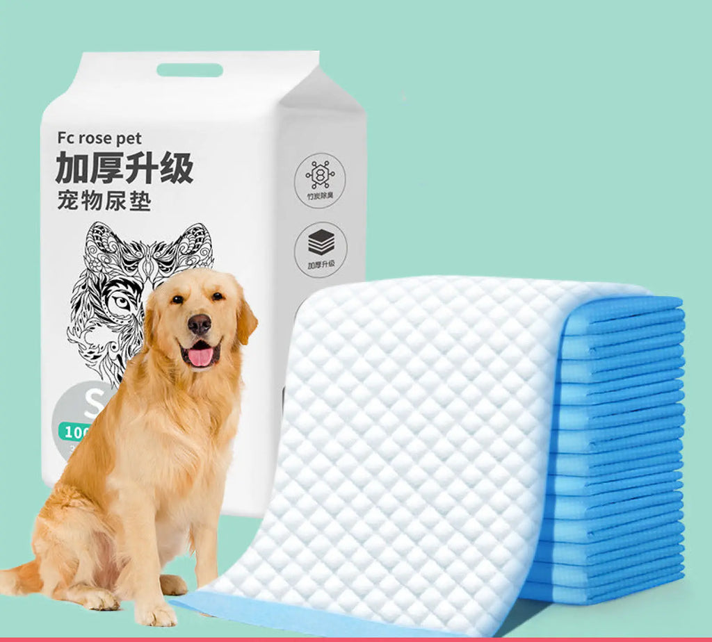 White and blue quilted thickening absorbent dog pee pads stacked beside a golden retriever and branded box