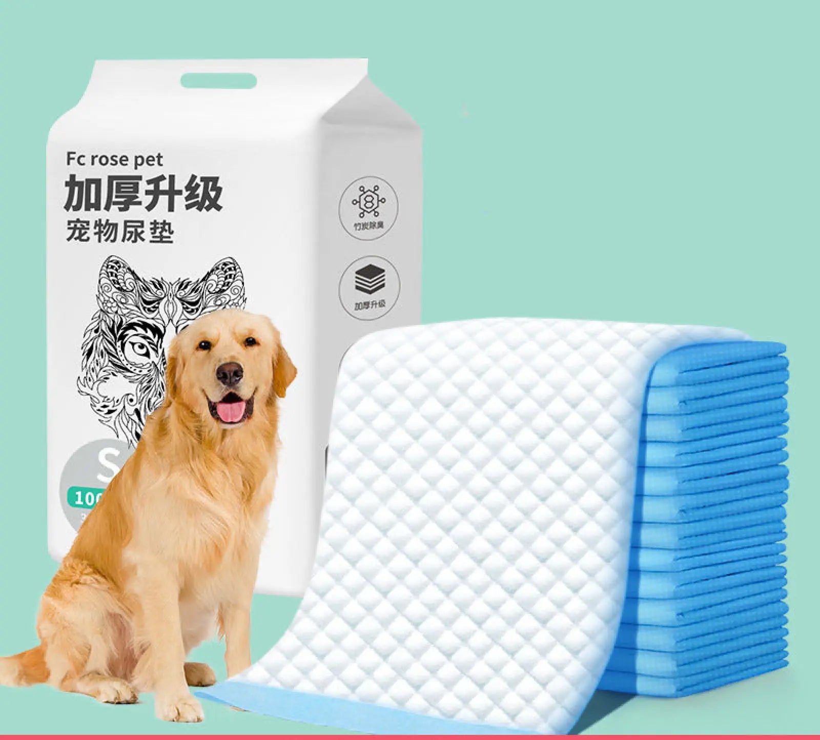 White and blue quilted thickening absorbent dog pee pads stacked beside a golden retriever and branded box