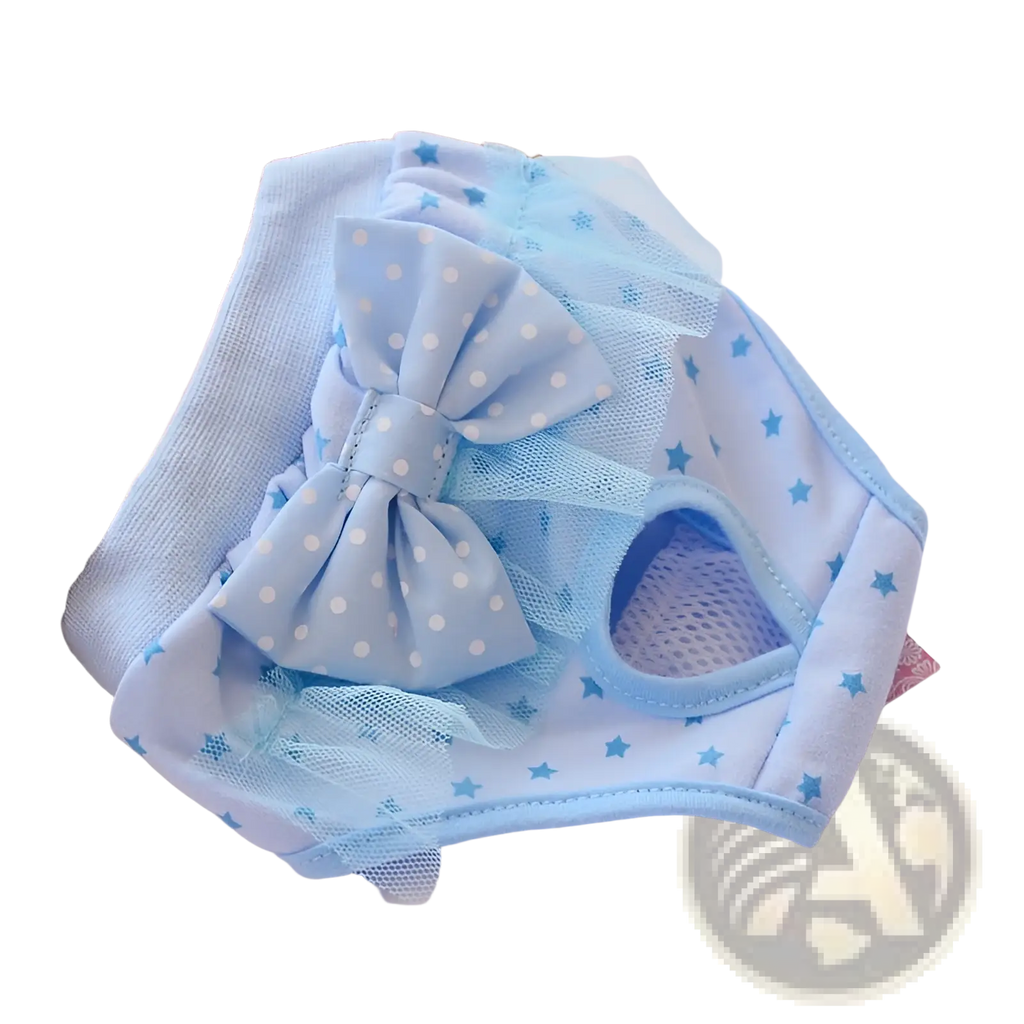 Light blue star-patterned dog physiological pants with polka-dotted bow and mesh detailing washable pet diaper
