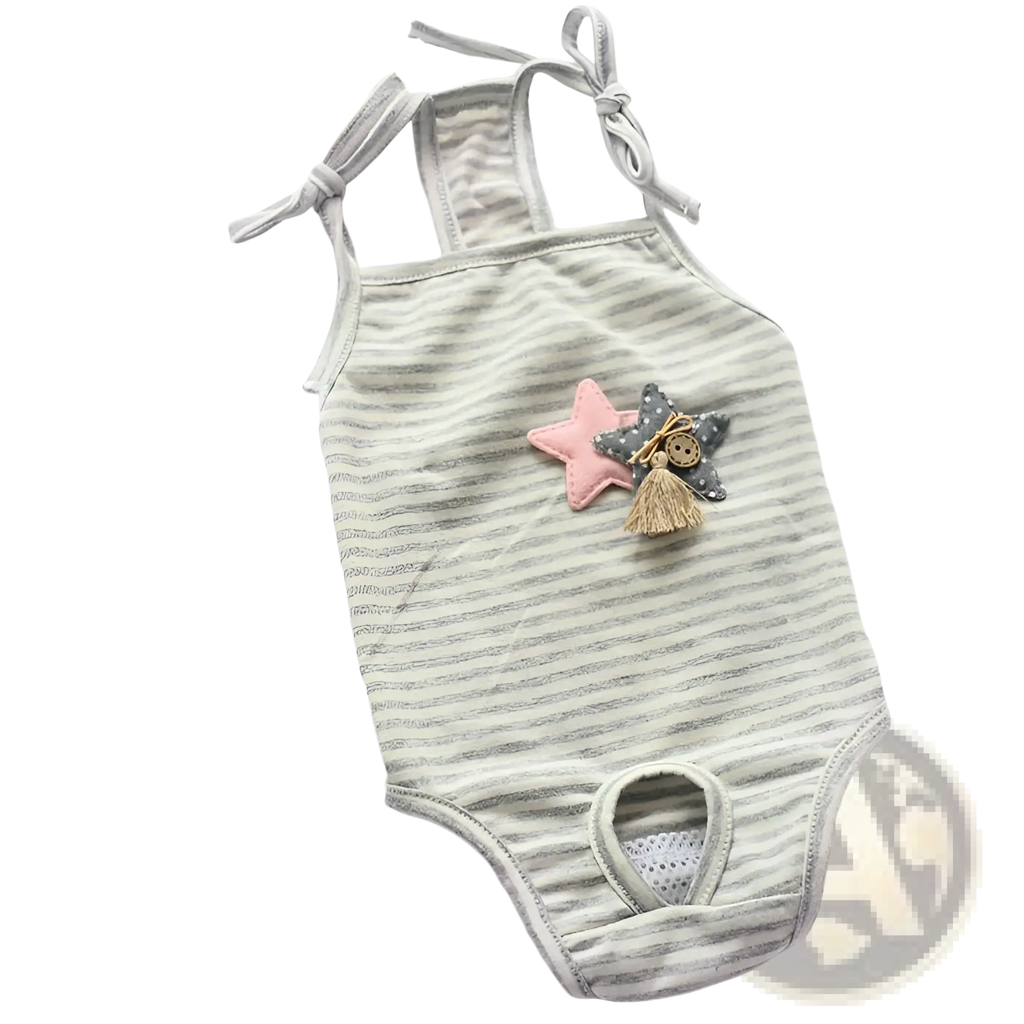 A soft gray and white striped washable dog physiological pant with adjustable ties and star decor for sanitary use
