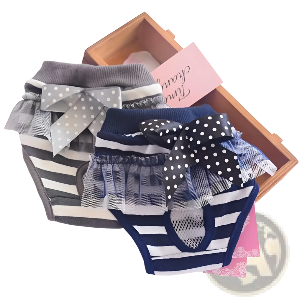 Navy blue and white striped washable dog physiological pants pet diaper with polka dot bow and sheer ruffle trim